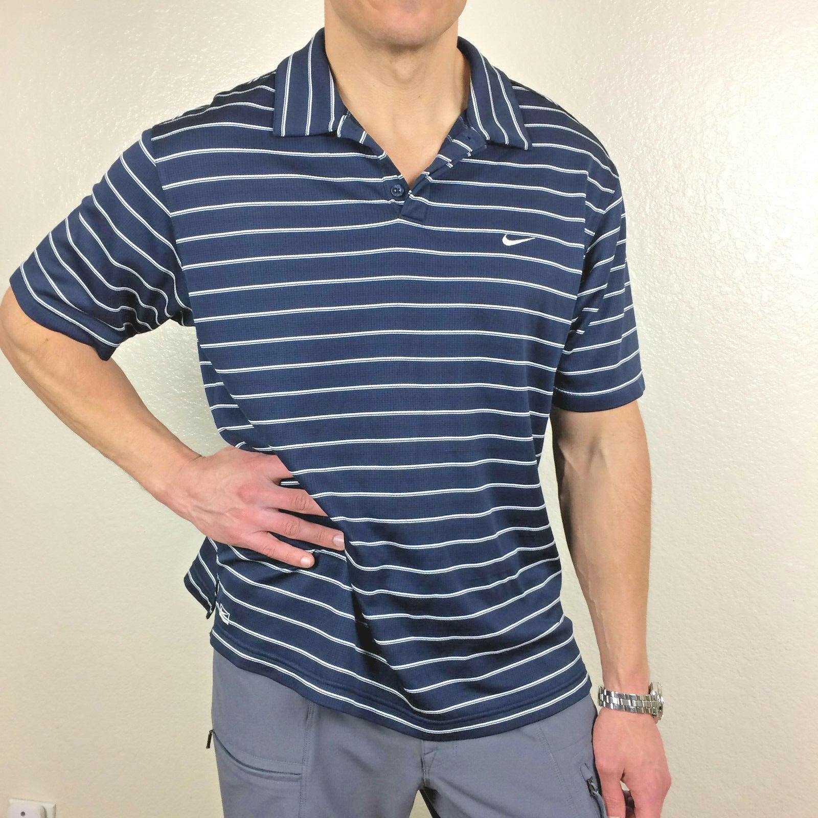 Nike Performance Polo Shirt Men’s Sz XL Blue White Striped Short Sleeve Golf Tee