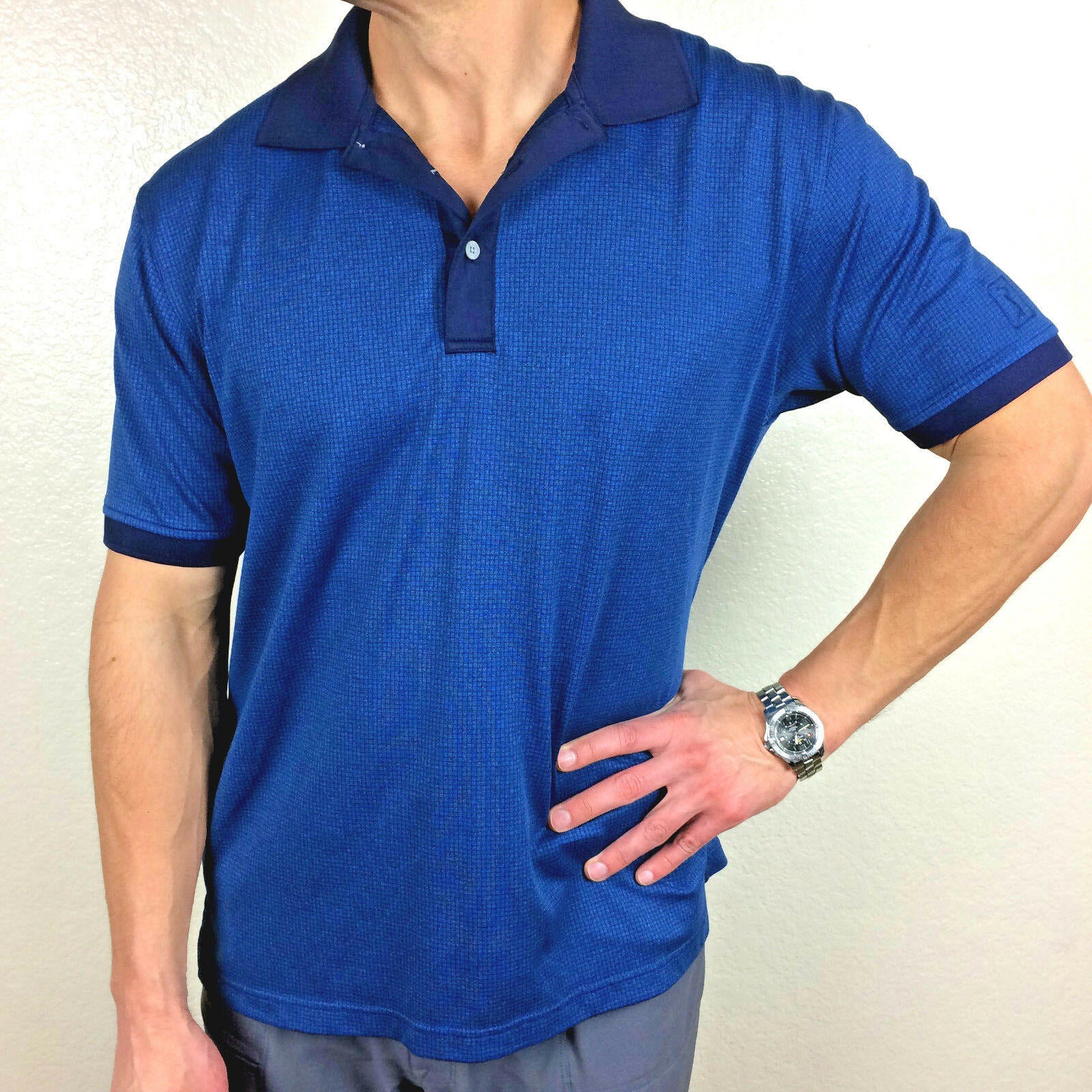 PGA Tour Mens Golf Polo Shirt XL Blue Checkered Short Sleeve Performance Top