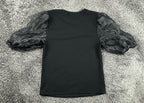 Love J Womens Puff Sleeve Top Small Black Sheer Organza Statement Blouse