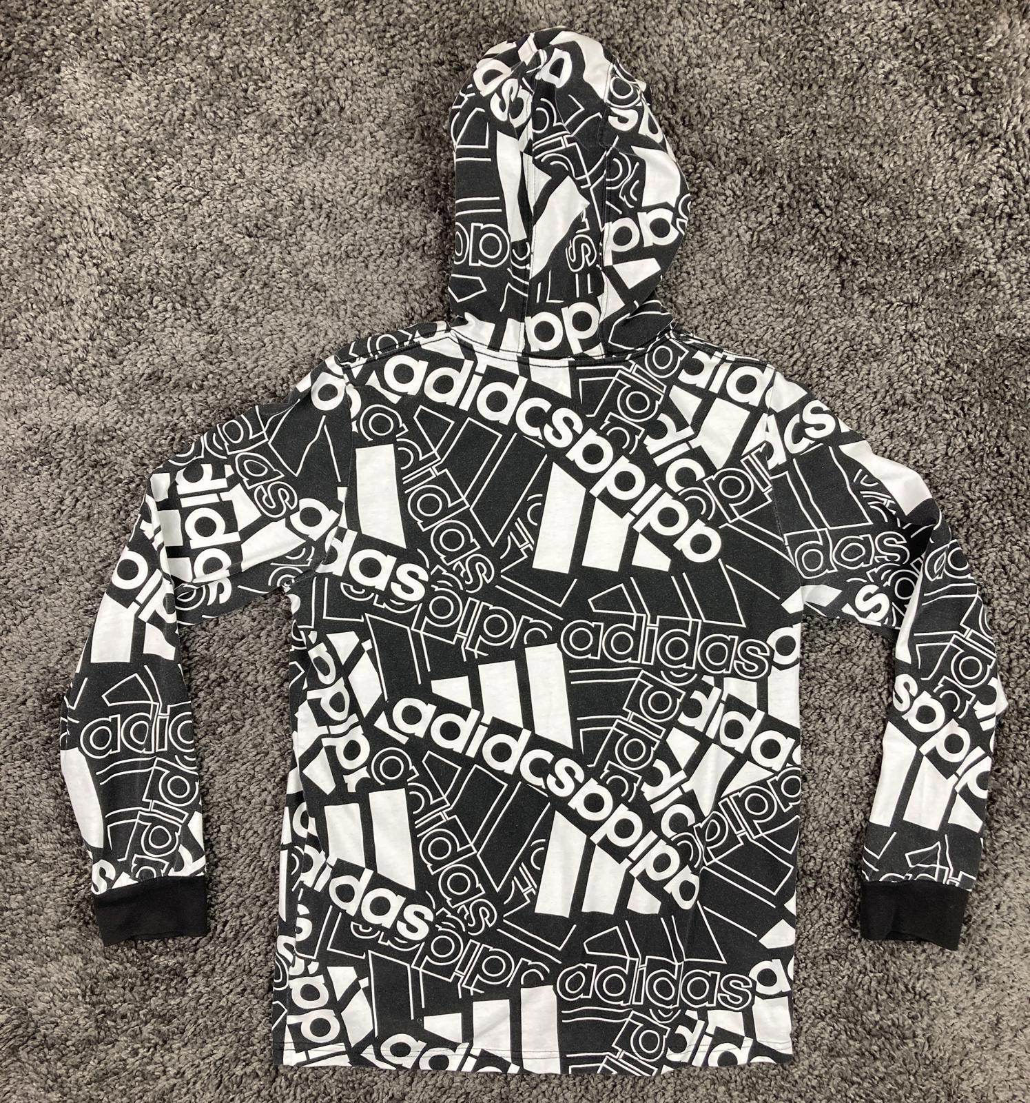 Adidas Unisex Youth Hoodie Pullover Large 14/16 Black White All Over Logo Print