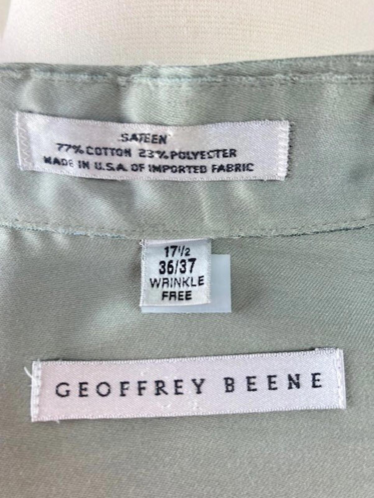 Geoffrey Beene Mens Green Sateen Dress Shirt 17.5 Neck 36 37 Sleeve Button Up