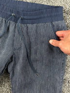 Athleta Stripe Bali 100% Linen Pants Womens Blue Stripe Drawstring Cuffed Sz 0