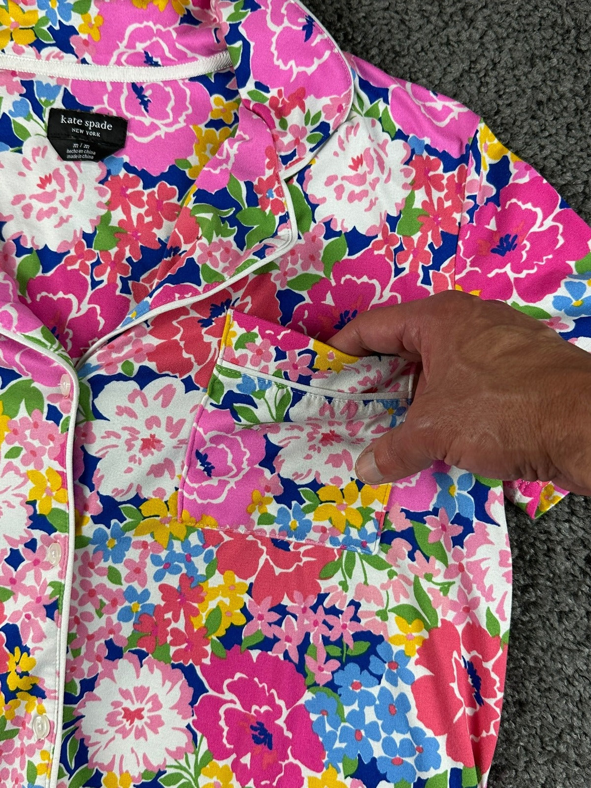 Kate Spade New York Womens Floral Pajama Top Pink Stretch Short Sleeve Sz M