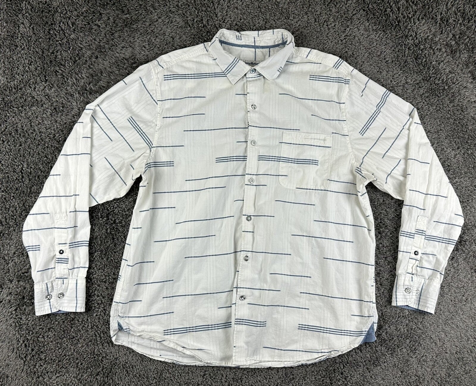 Tommy Bahama Mens XL Calm Sea Stripe Long Sleeve Button Front Shirt White Blue