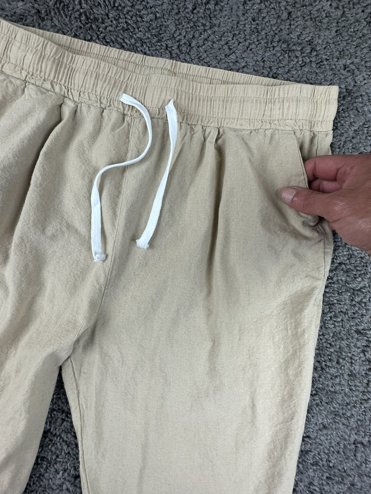 Mens 100% Linen Drawstring Shorts M Beige Elastic Waist Casual Beach Resort