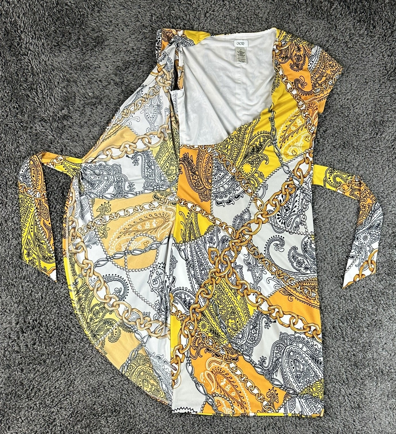 Cache Womens XS Faux Wrap Dress Gold Paisley Chain Print Side Tie Stretch