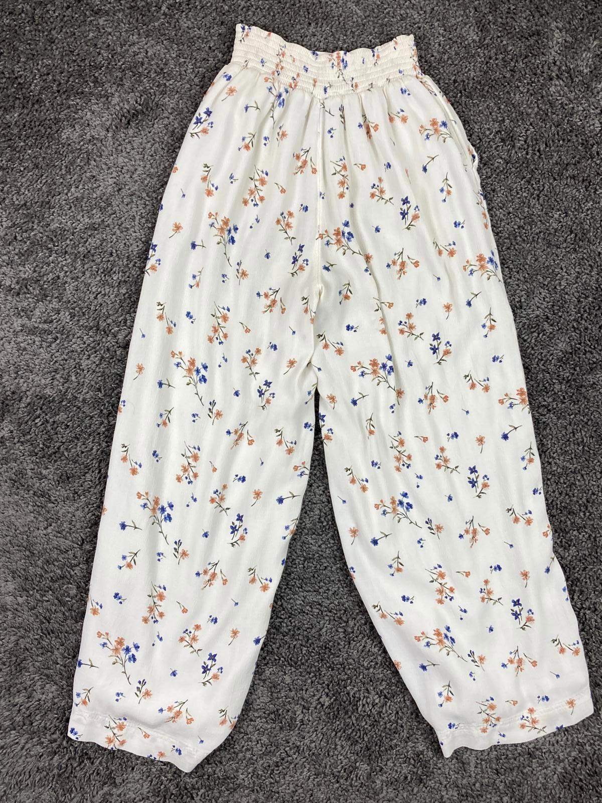American Eagle Palazzo Pants Pull Up Ivory Floral Elastic Waist Womens Sz XS