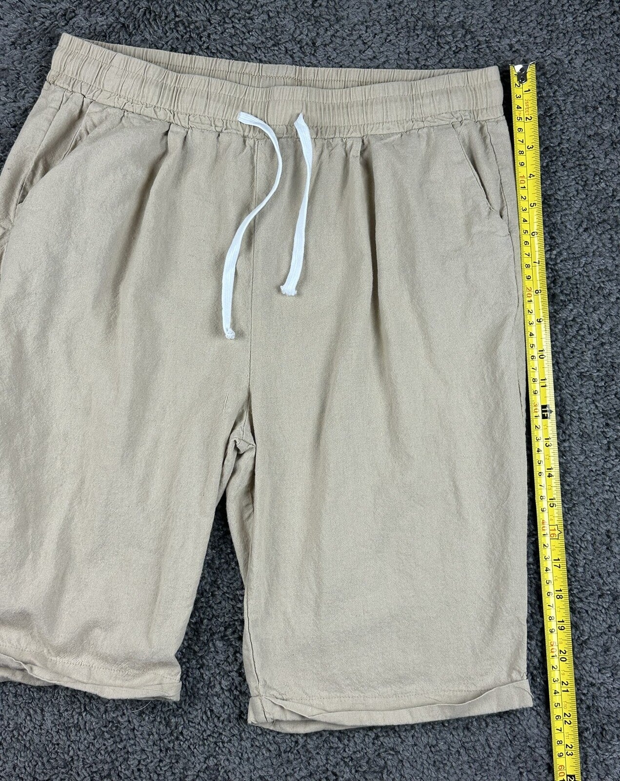 Mens 100% Linen Drawstring Shorts M Beige Elastic Waist Casual Beach Resort