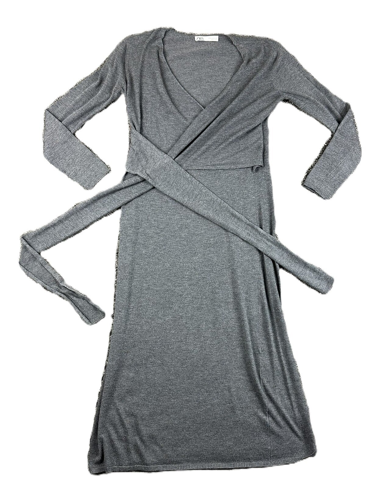 ZARA Gray Knit Wrap Midi Dress Long Sleeve Sweater Tie Waist Womens Size M