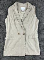 Halston Womens Medium Beige Linen Blend Sleeveless Blazer Vest Double Breasted