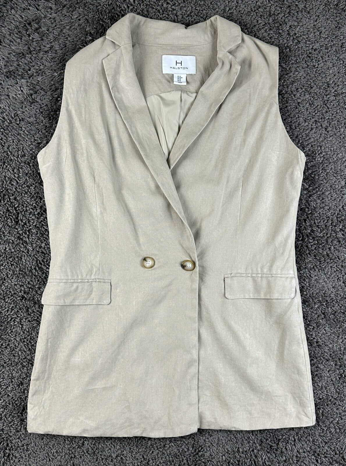 Halston Womens Medium Beige Linen Blend Sleeveless Blazer Vest Double Breasted