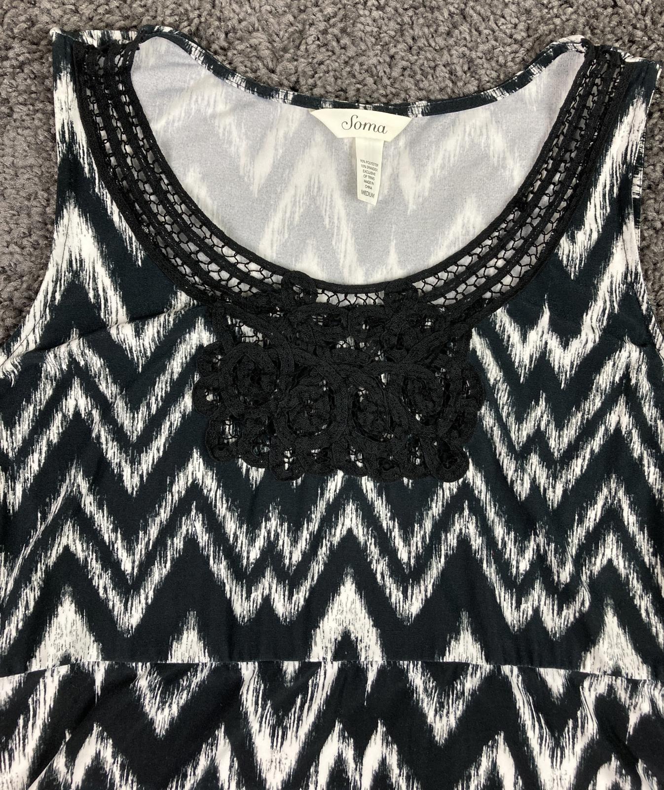 Soma Medium Black White Chevron Ikat Lace Handkerchief Hem Fit Flare Dress
