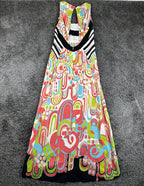 Nanette Lepore 100% Silk Maxi Dress Womens 4 Abstract Print Open Back USA