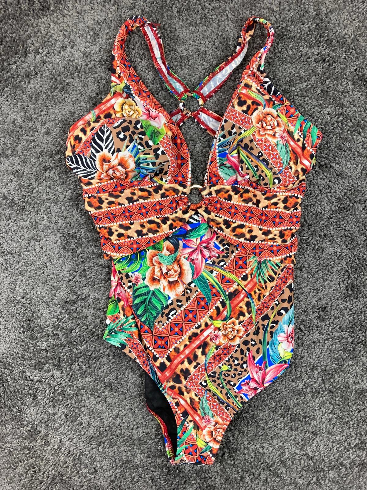 Venus One Piece Swimsuit Size 20 Multicolor Floral Leopard Cutout Ring Detail