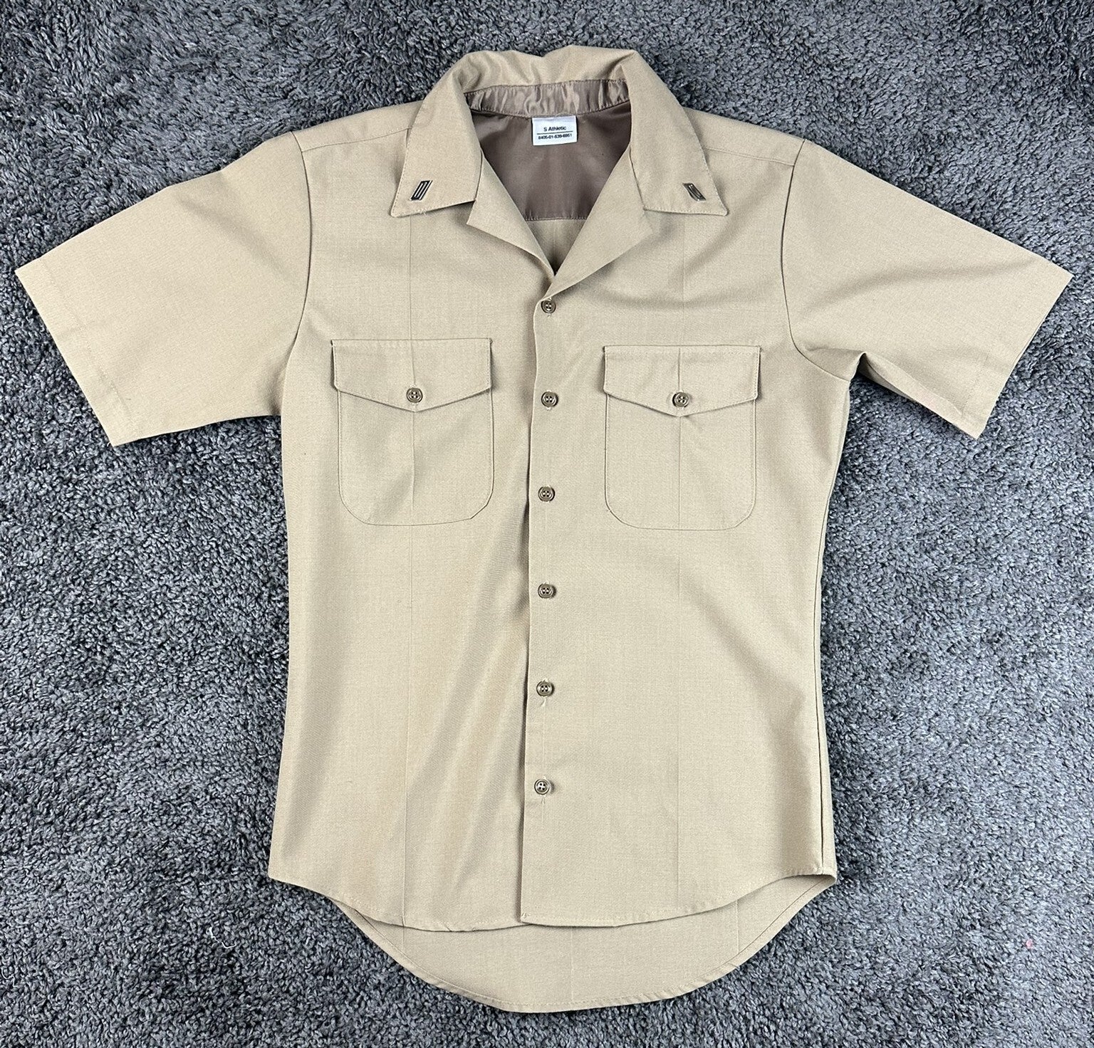 US Navy Khaki Uniform Shirt S Athletic Polyester/Wool Silver Collar Rank Pins