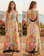 Nanette Lepore 100% Silk Maxi Dress Womens 4 Abstract Print Open Back USA