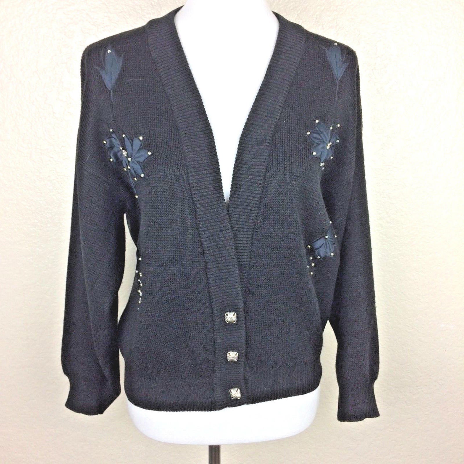 Sweaters Forhey Women's Black Bead Embellished Embroidered Sweater  Sz PXL