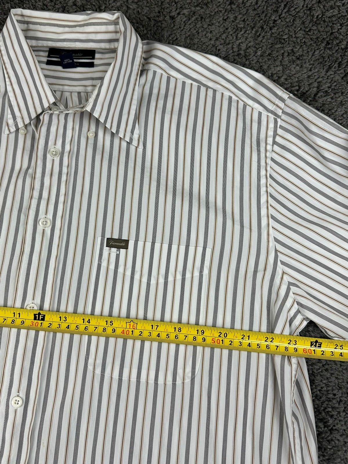 Faconnable Mens Striped Button Down Shirt White Gray Tan Size XL Relaxed Fit