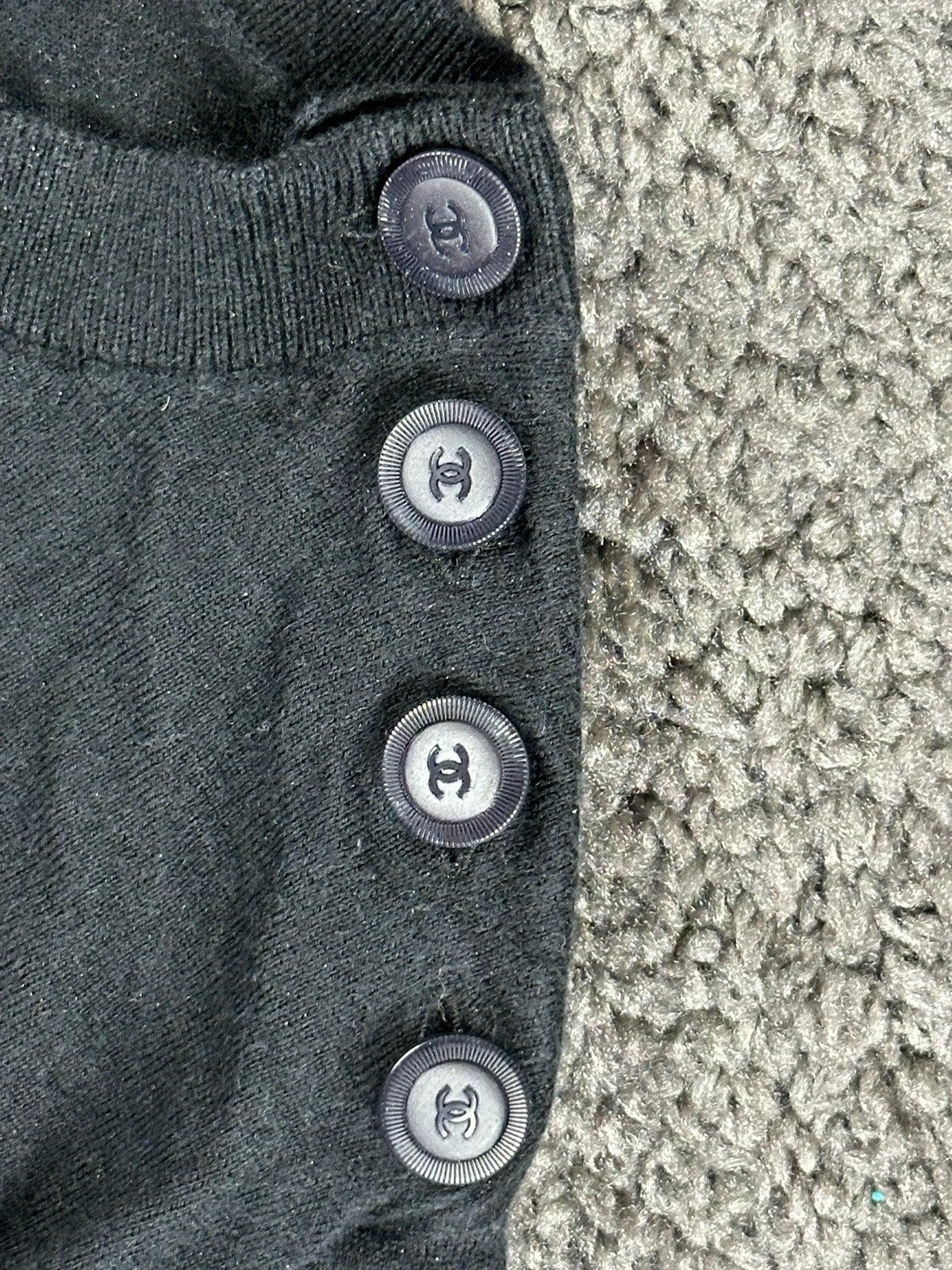 CHANEL Uniform 19P Black Wool Blend Knit Sweater CC Logo Shoulder Buttons Small
