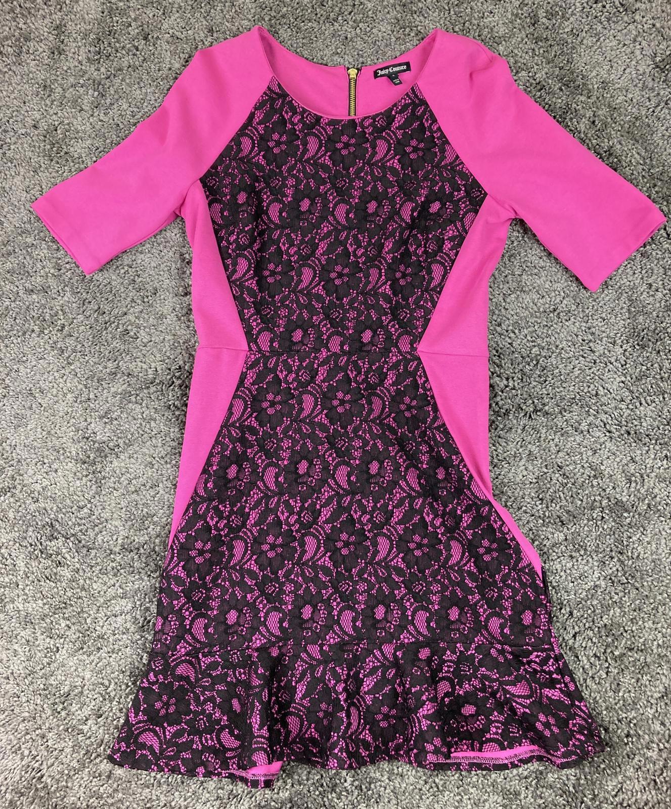 Juicy Couture Stretch knit Tulip retro Dress sz 6 Hot Pink Black Lace scoop neck