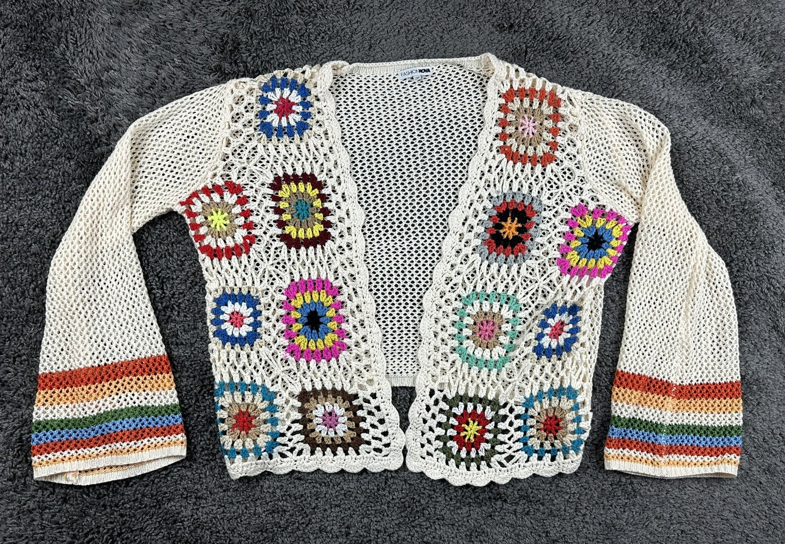Fashion Nova Womens Crochet Cardigan Large Cream Granny Square Boho Open Knit
