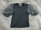 Love J Womens Puff Sleeve Top Small Black Sheer Organza Statement Blouse