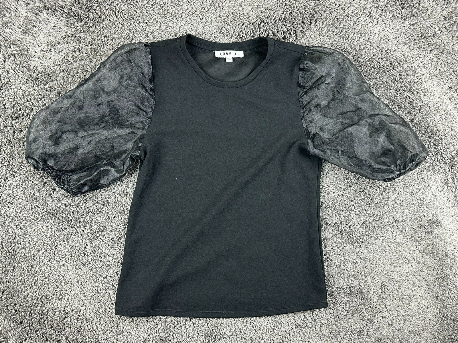 Love J Womens Puff Sleeve Top Small Black Sheer Organza Statement Blouse