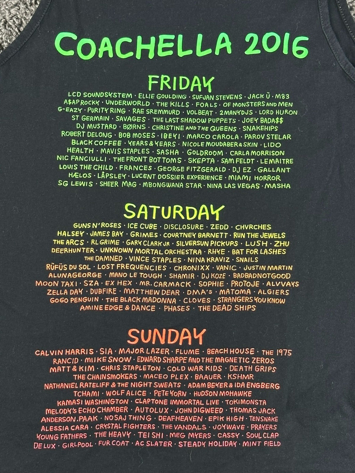 Coachella 2016 Music Festival Tank Top Mens L Black Graphic Concert Band Lineup
