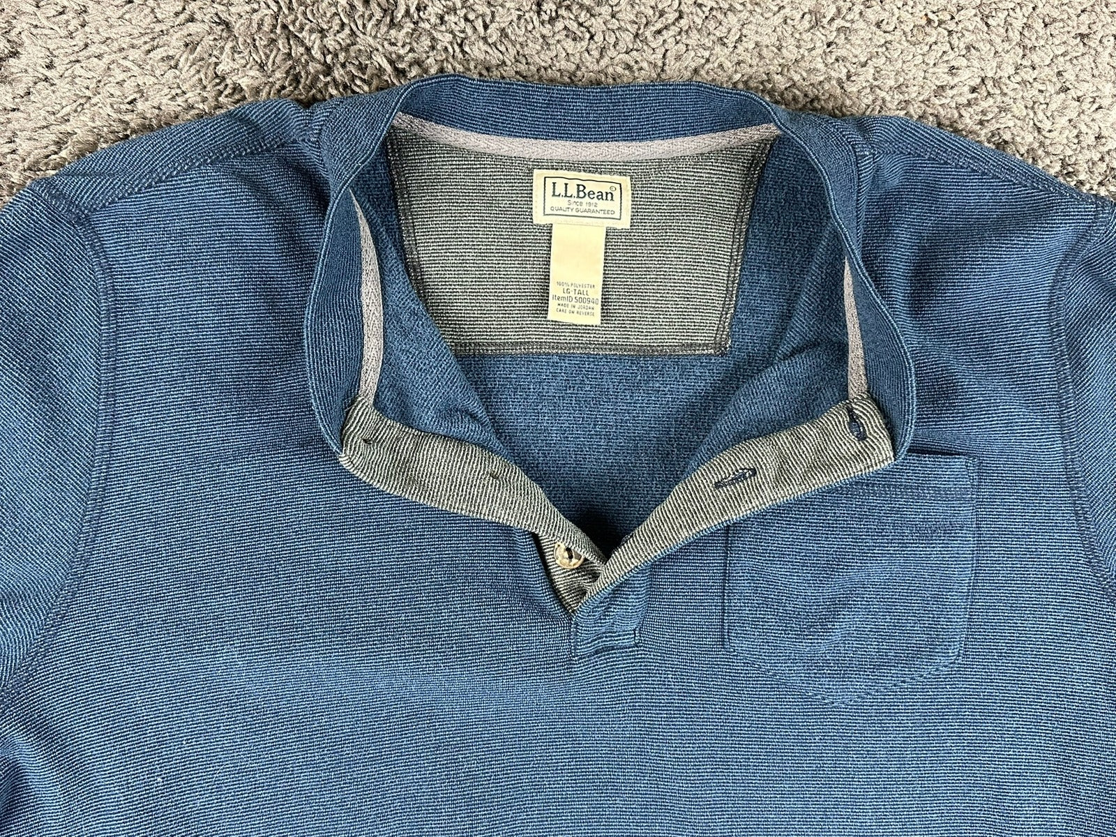 LL Bean Mens Large Tall Blue Long Sleeve Henley Shirt Chest Pocket Textured Knit