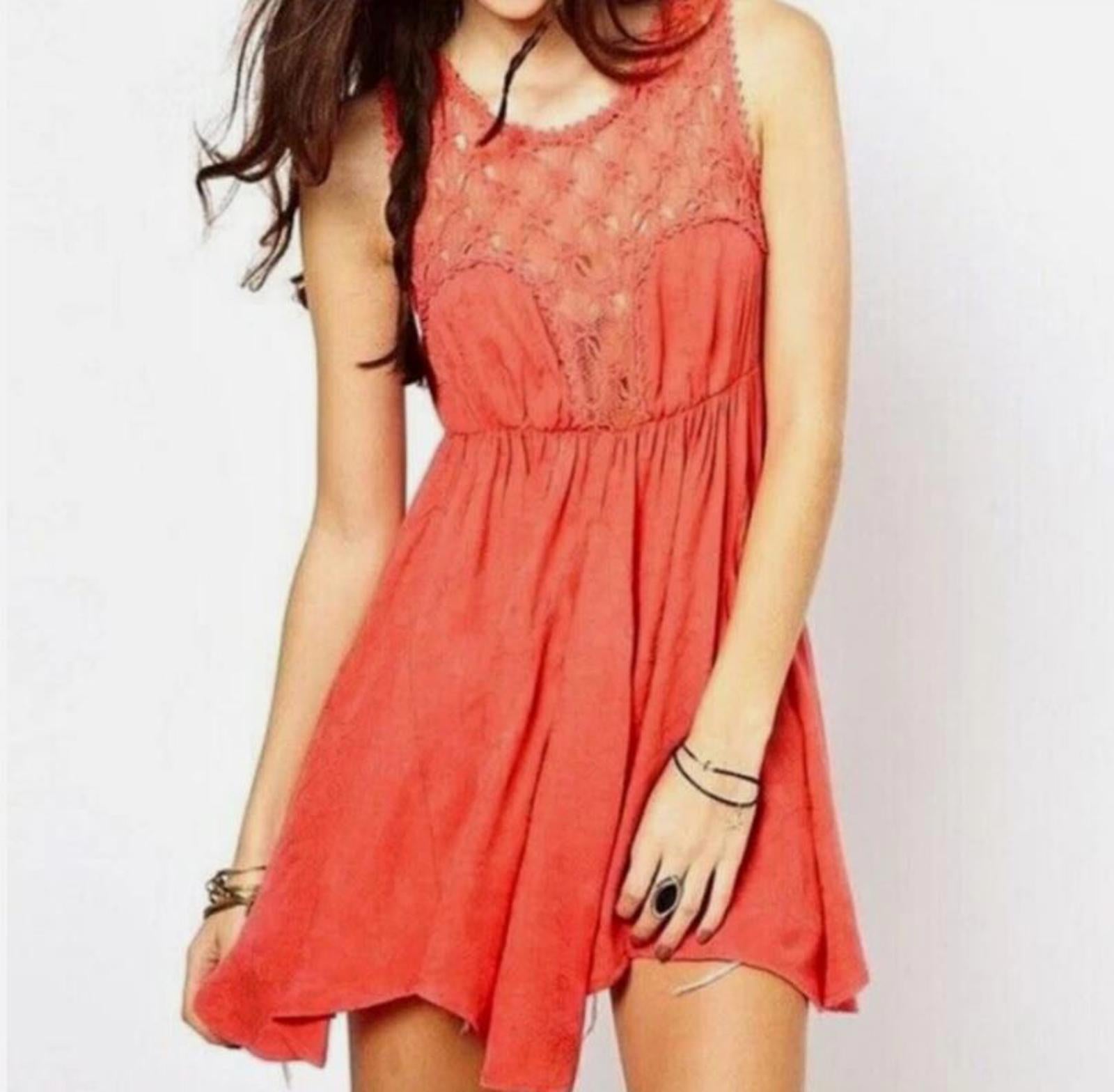 Free People Coral Crochet Lace Babydoll Mini Dress Women’s Sz S/P Boho Festival