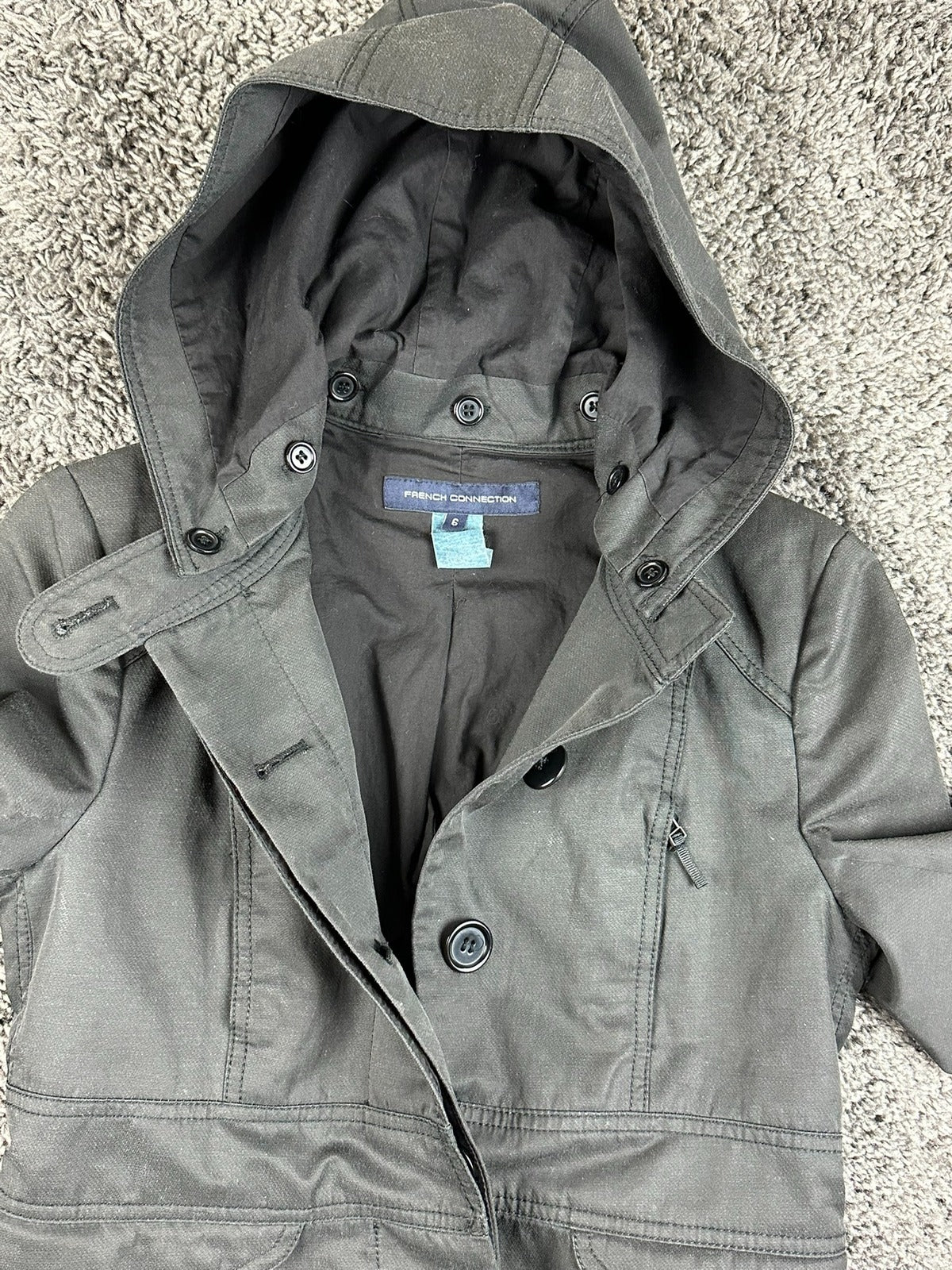 French Connection Womens Hooded Trench Coat Black Size 6 Anorak Rain Jacket