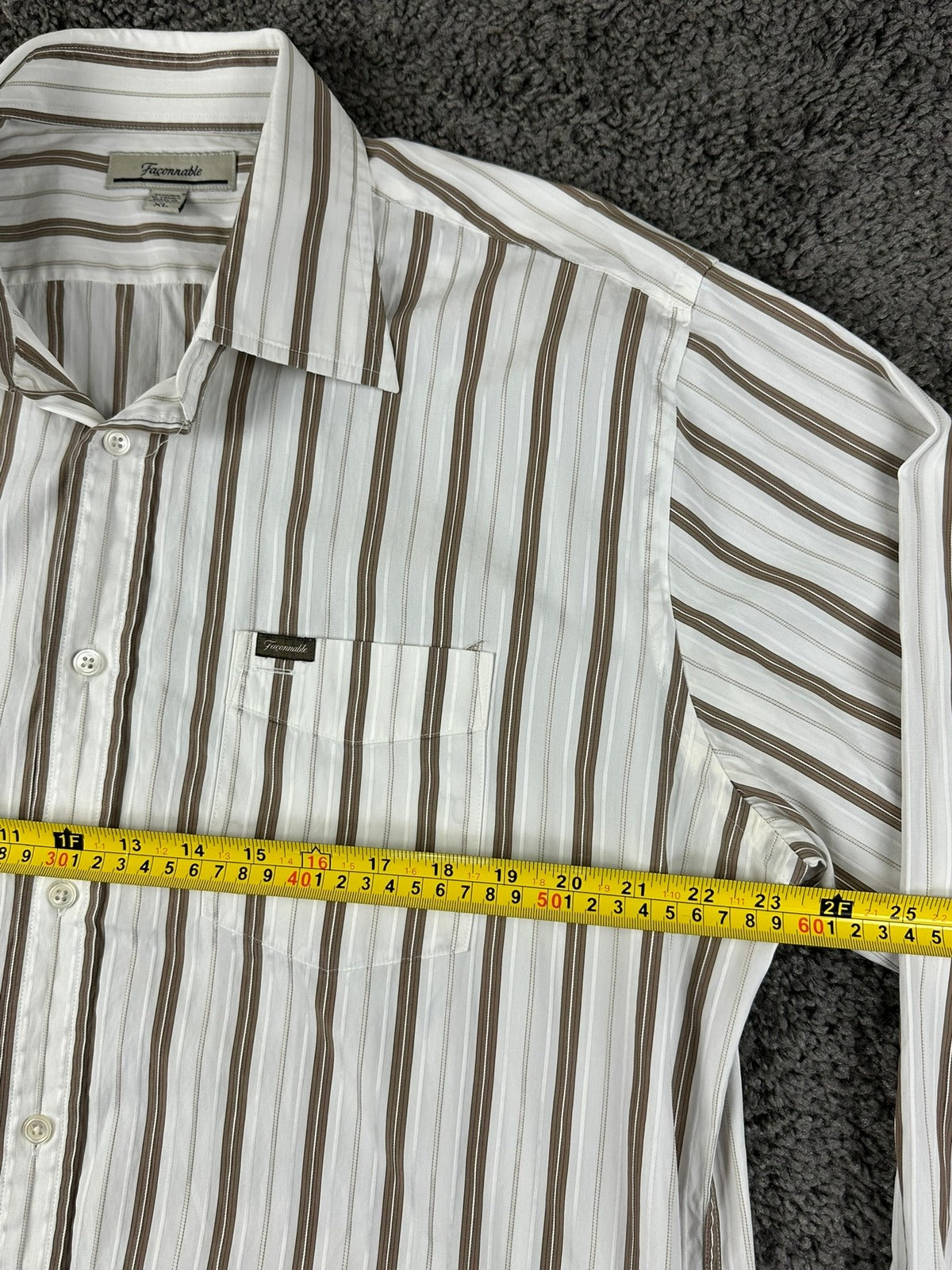 Faconnable Mens XL White Brown Stripe Long Sleeve Button Up Cotton Shirt