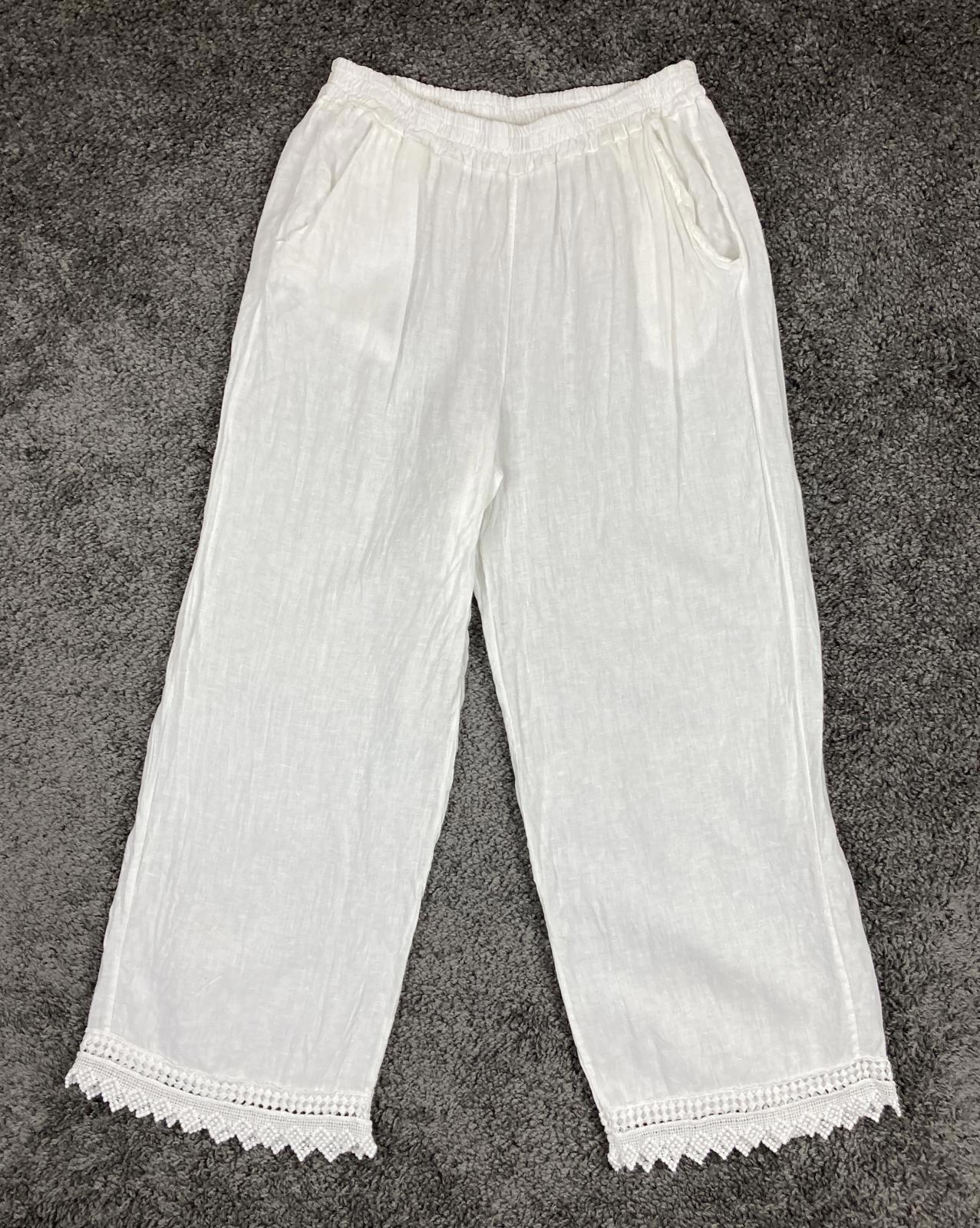 Spighe Di Lino Linen Wide Leg Pants Women's White Crochet Lace Hem Italy Size L
