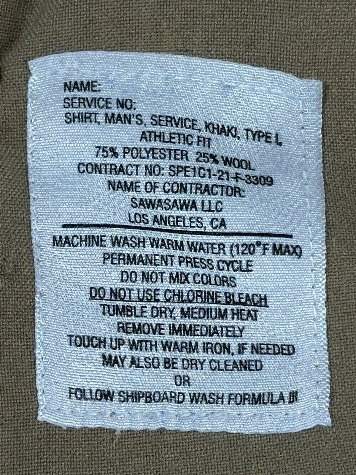 US Navy Khaki Uniform Shirt S Athletic Polyester/Wool Silver Collar Rank Pins