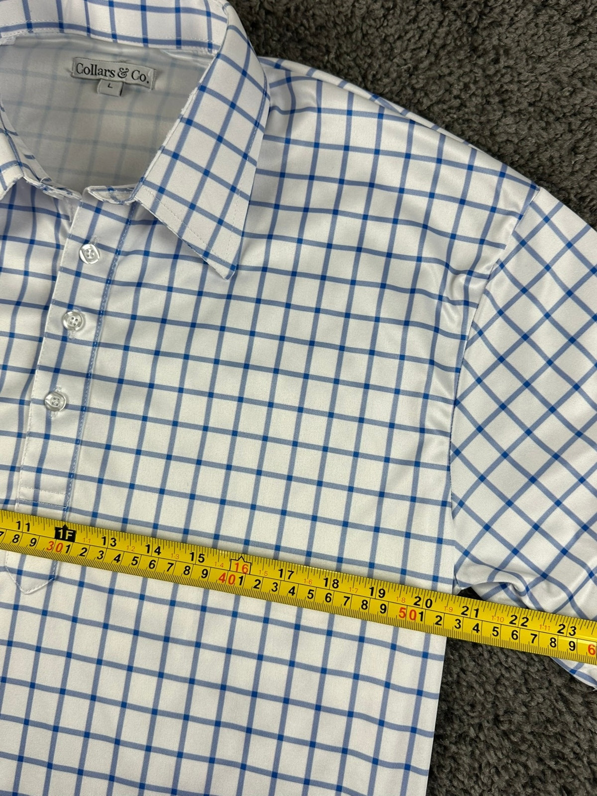 Collars & Co Dress Collar Polo Mens Large L Blue Grid Check Golf Performance
