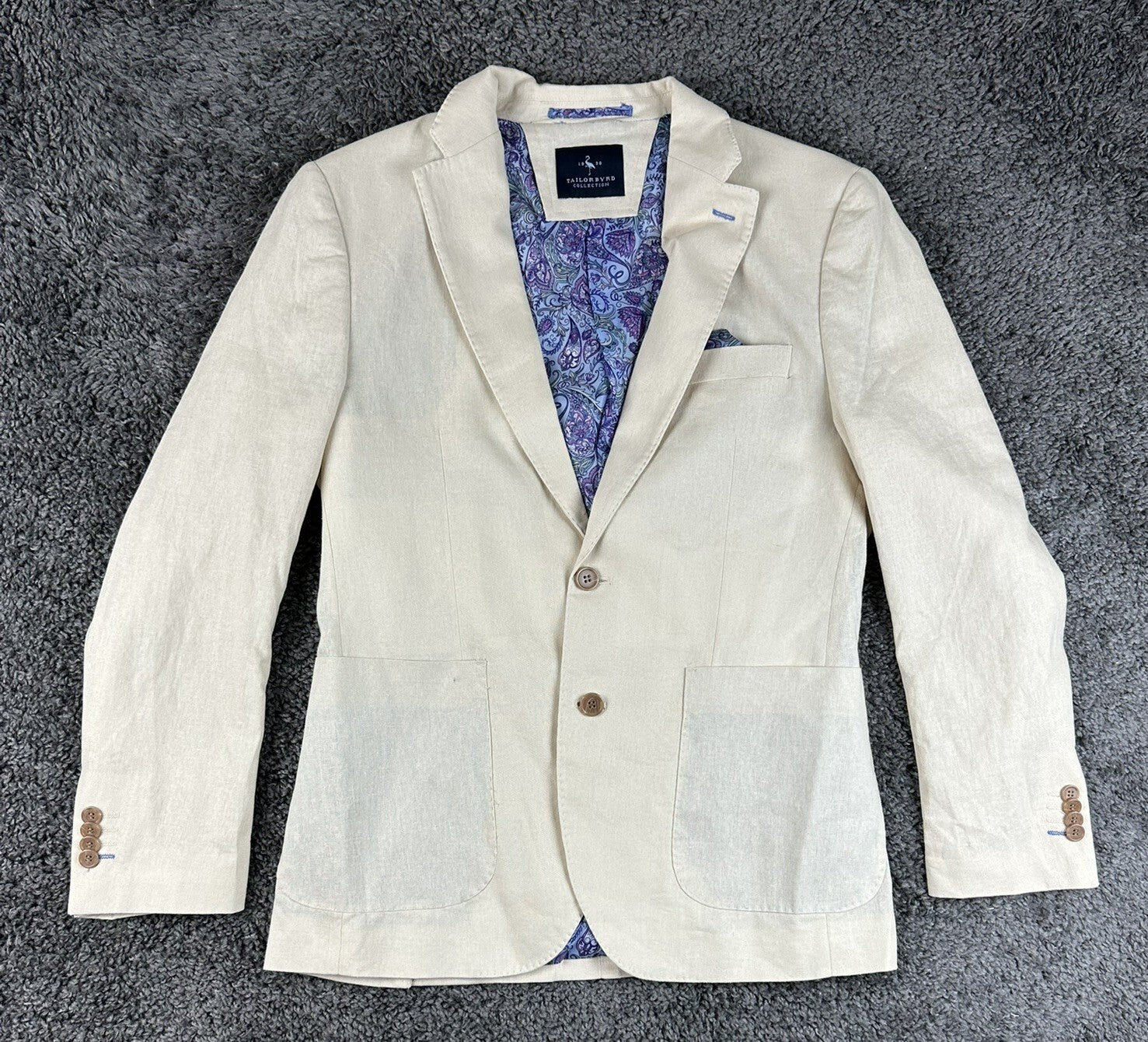 TailorByrd Collection Mens 38R Cream Linen Blend Blazer Paisley Lined Sport Coat