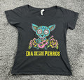 Dia De Los Perros Womens Chihuahua Sugar Skull Day Dead Guitar Shirt XL Fits M