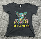 Dia De Los Perros Womens Chihuahua Sugar Skull Day Dead Guitar Shirt XL Fits M