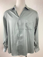 Geoffrey Beene Mens Green Sateen Dress Shirt 17.5 Neck 36 37 Sleeve Button Up