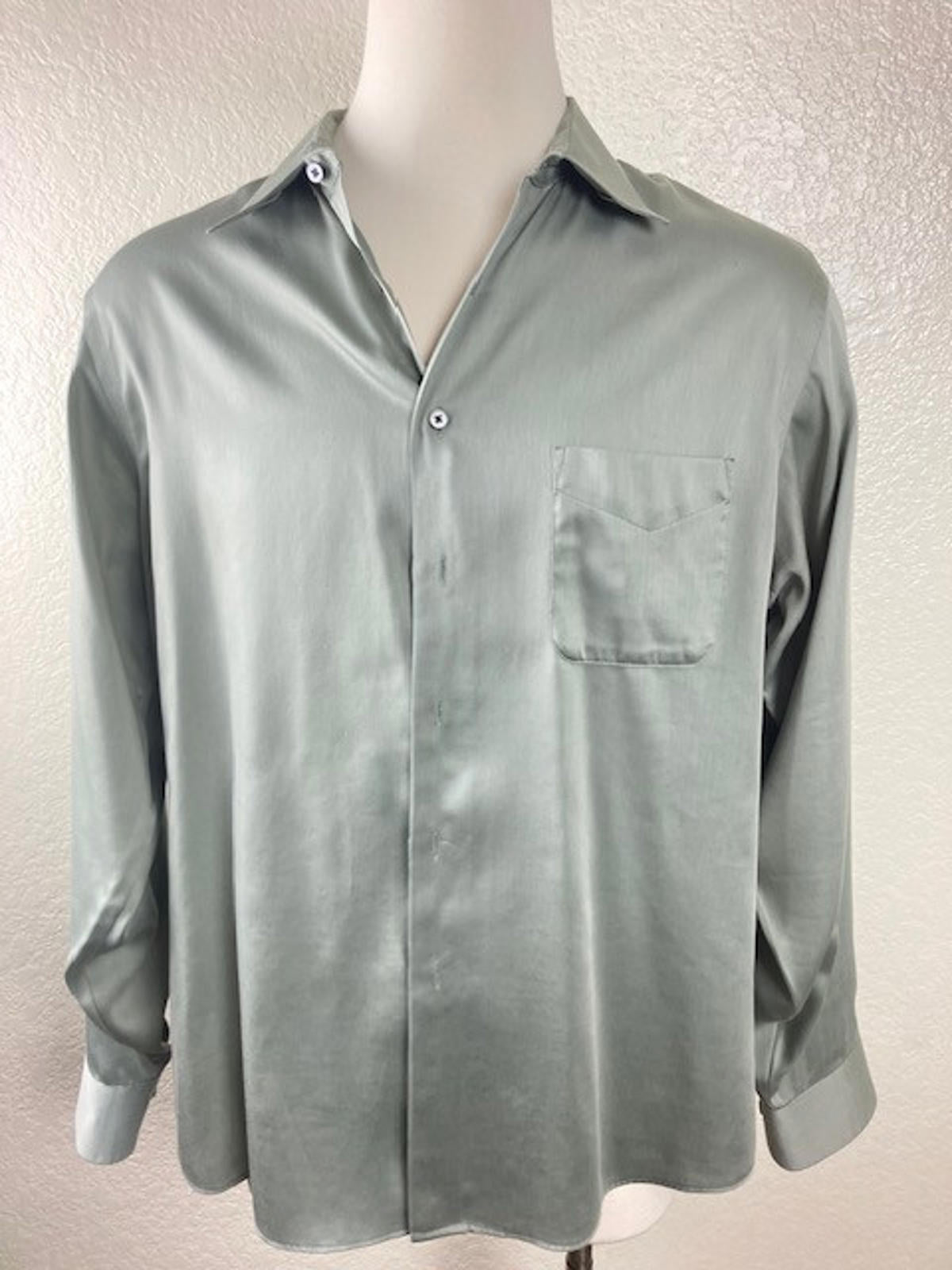 Geoffrey Beene Mens Green Sateen Dress Shirt 17.5 Neck 36 37 Sleeve Button Up
