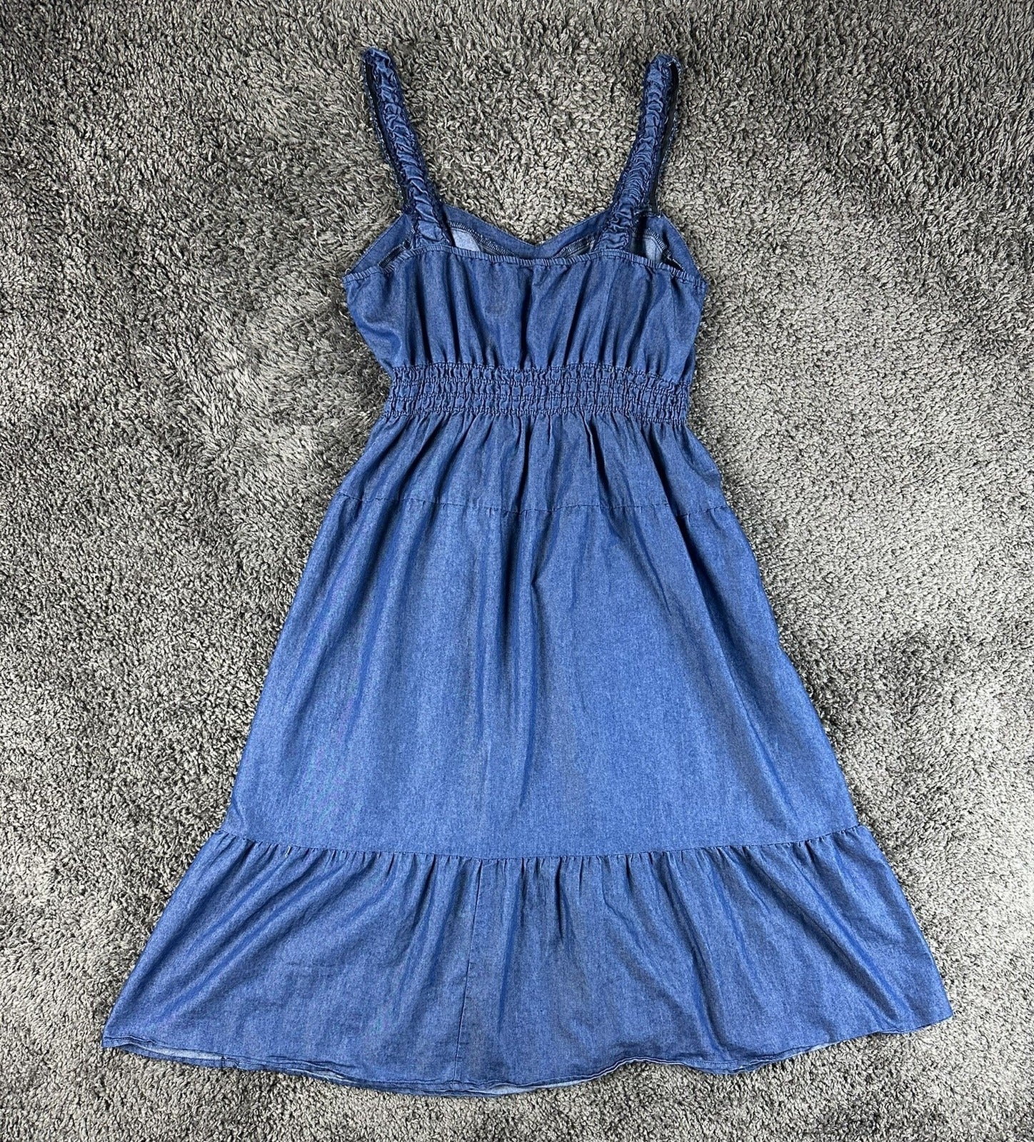 Indigo & Lace Womens XL Blue Chambray Maxi Dress Smocked Waist Tiered Boho