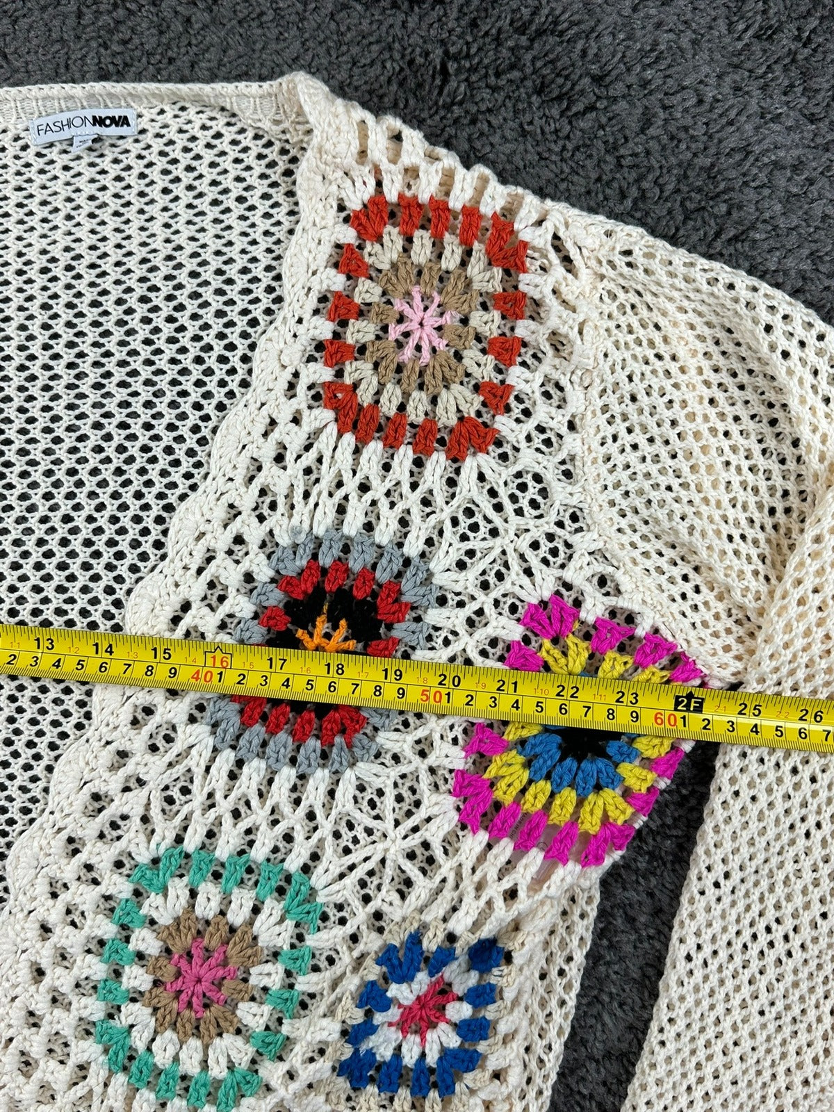 Fashion Nova Womens Crochet Cardigan Large Cream Granny Square Boho Open Knit