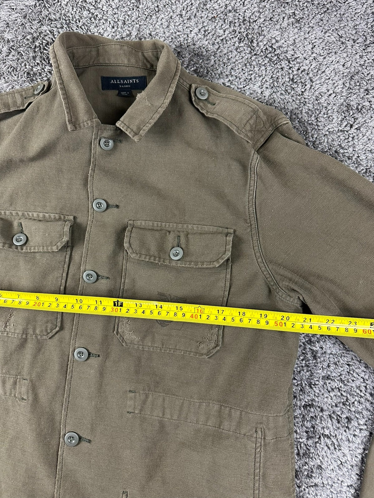 AllSaints Sapper Mens XL Military Overshirt Jacket Olive Green Distressed Cotton