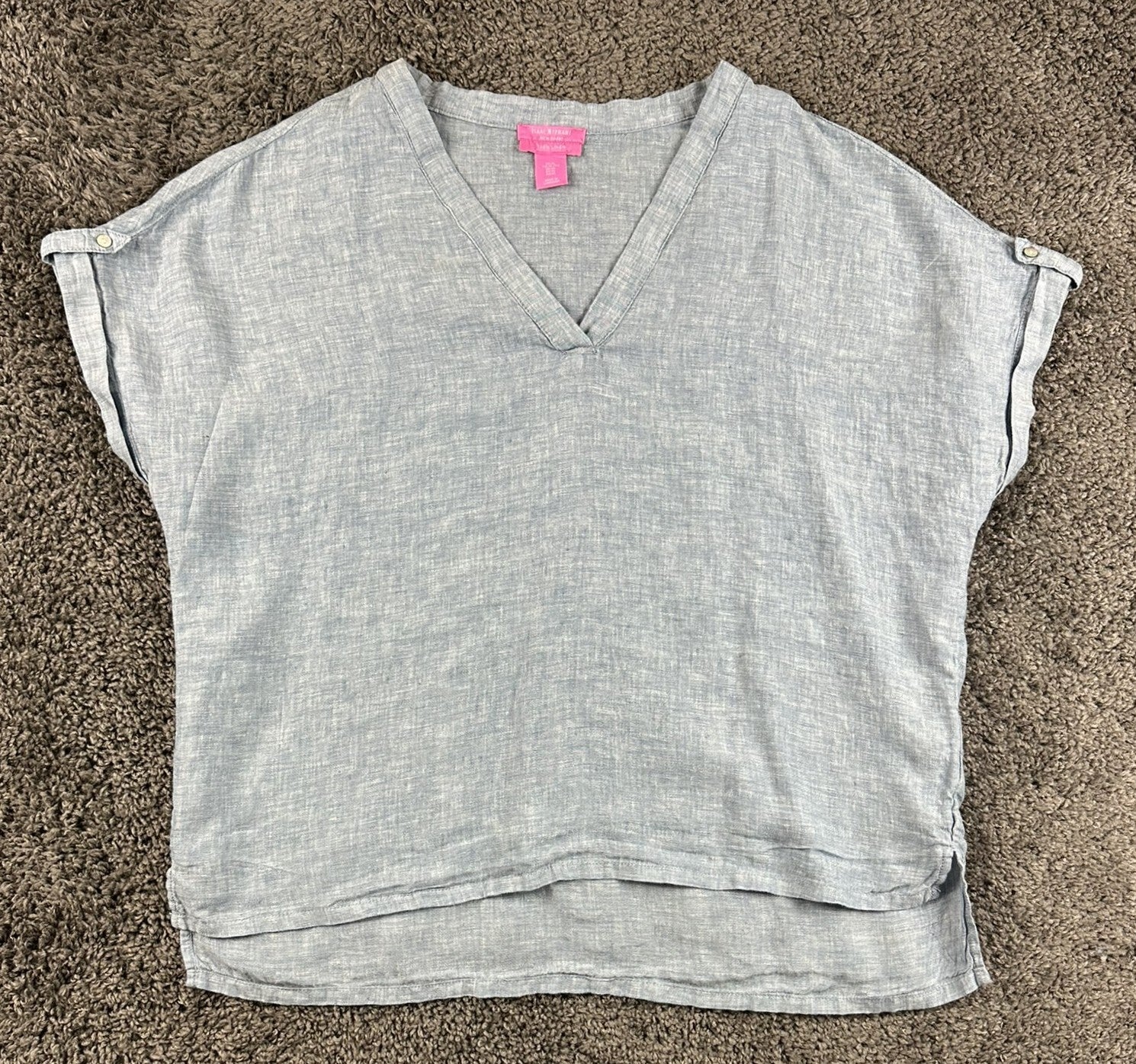 Isaac Mizrahi New York 100% Linen Top XL Light Blue Short Sleeve V-Neck Blouse