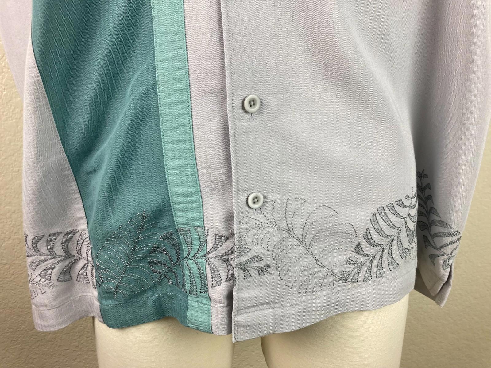 Cubavera Men's Gray wGreen with Contrast Panel & Embroidery Shirt Size XL