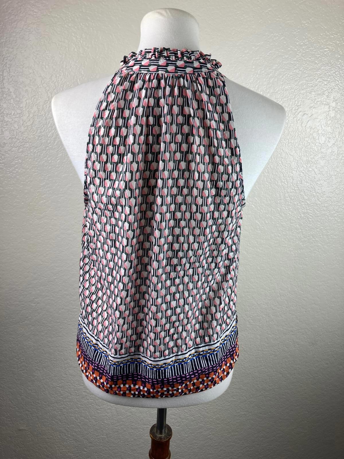 Maeve Anthropologie Sleeveless Ruffle Neck Blouse Women’s Sz S Geometric Cotton