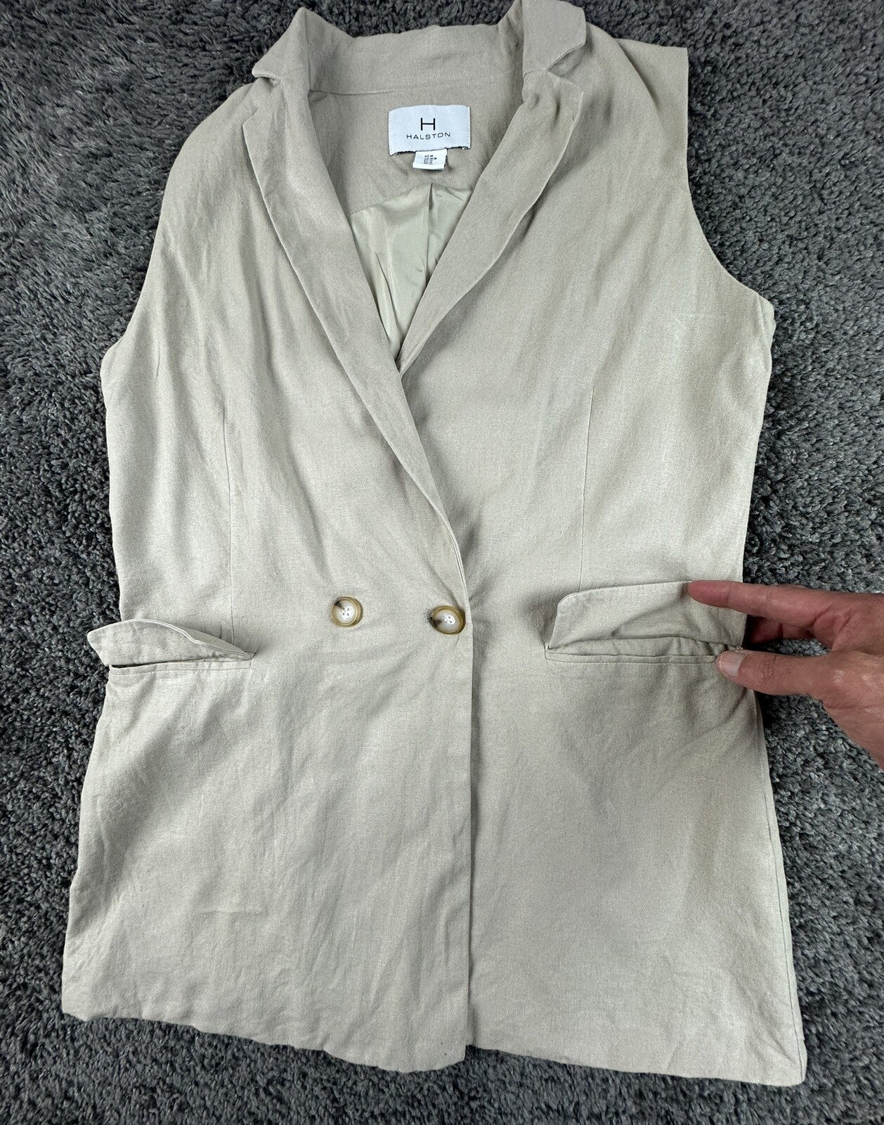 Halston Womens Medium Beige Linen Blend Sleeveless Blazer Vest Double Breasted