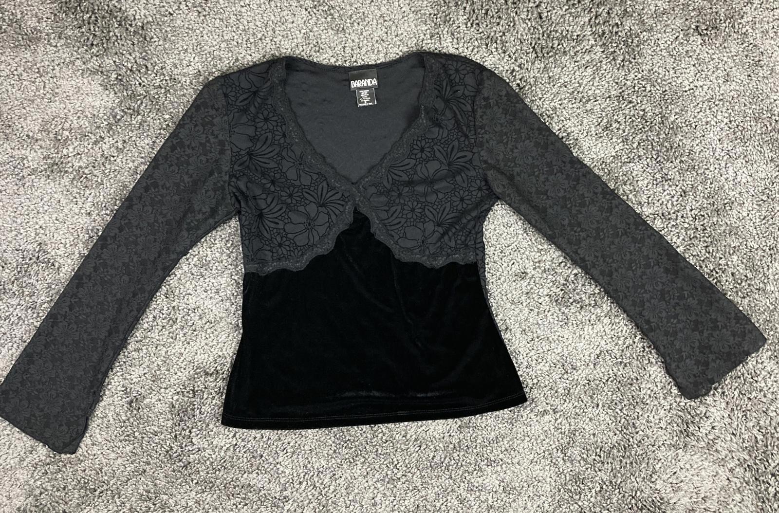 Baranda Top Women XS Black Lace Long Sleeve Velour Fitted Floral Mesh Stretch