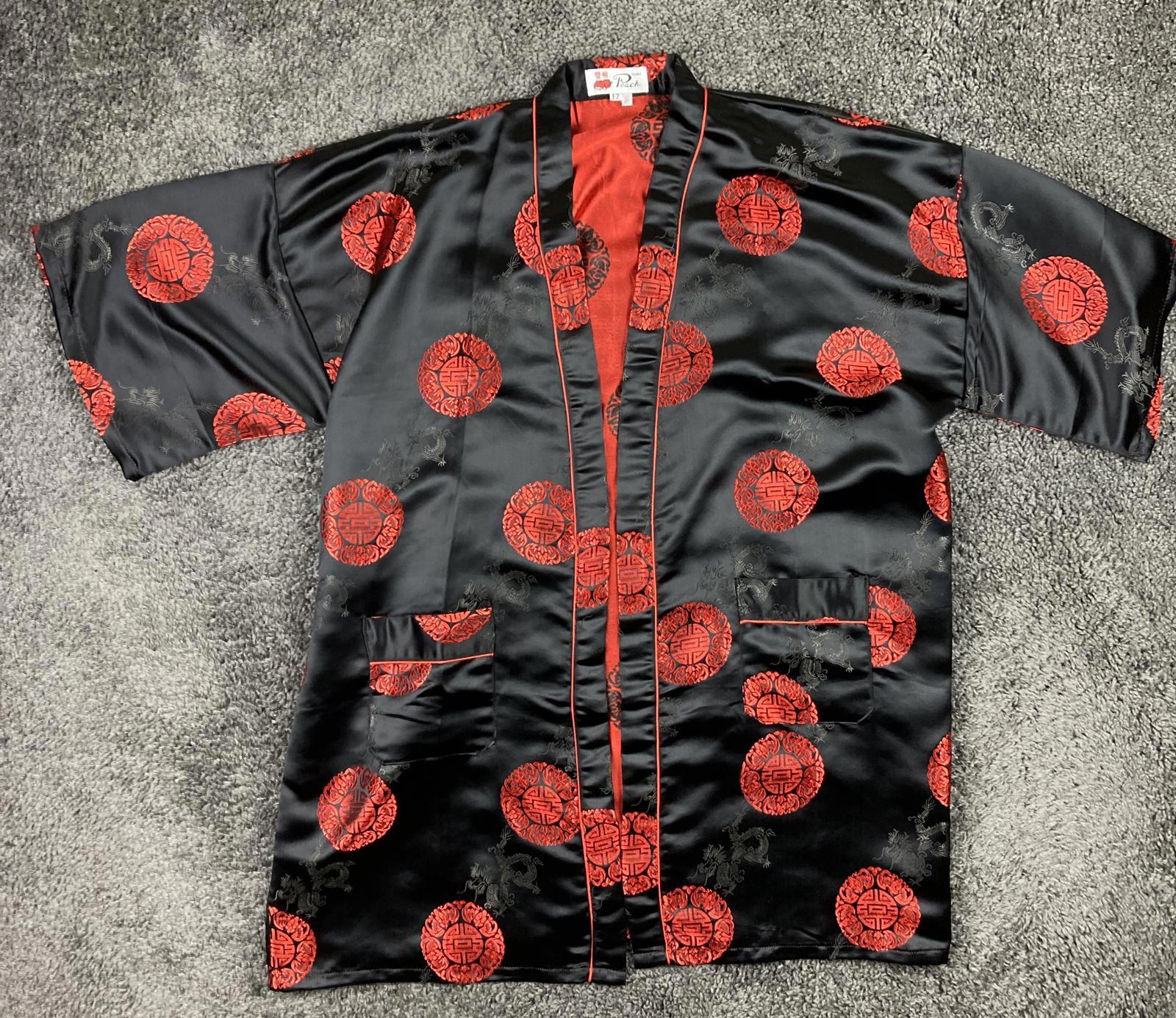 Double Peach Silk Kimono Robe Black Red Dragon Size Small Missing Sash