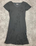 SL Fashions Black Beaded Floral Dress Women Size 6 Approx Asymmetrical Hem